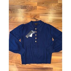 Truth by Republic Knit Polo Sweater Womens L Navy Blue NEW Puff Sleeve Gold Rose